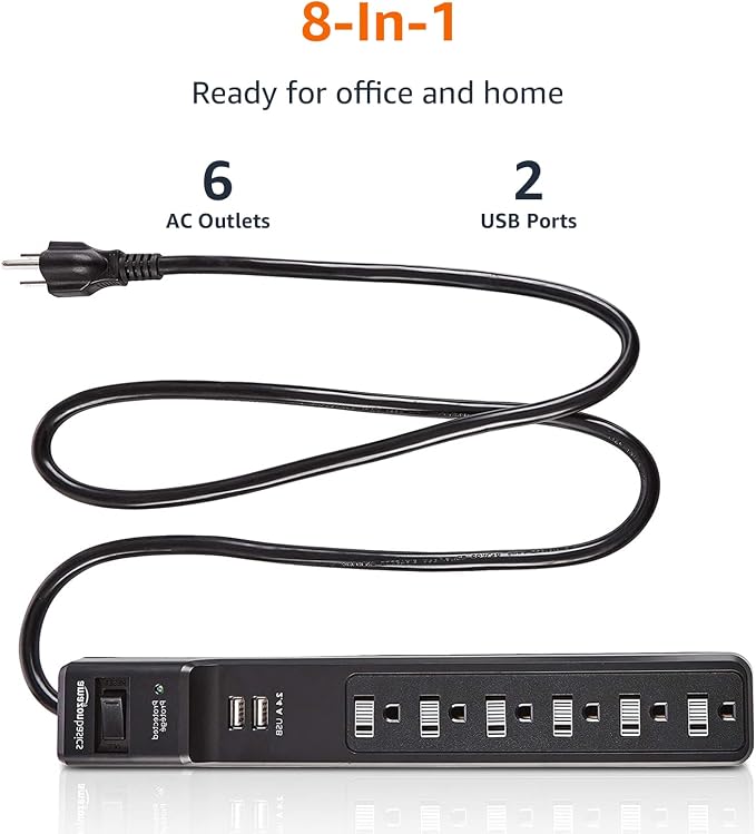Amazon Basics Surge Protector Power Strip with 6 Outlets, 2 USB Ports, 1000 Joule, 6-Foot Cord Length, Black
