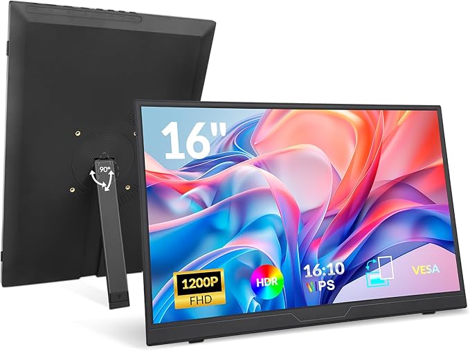 Portable Monitor, 16” 1200P FHD 16:10, 1500:1 Contrast, USB-C HDMI Laptop Screen Extender with Rotating Stand, Horizontal/Vertical Monitor, Travel Monitor for Laptop/PC/Mac/Windows/PS5,Vesa Mountable