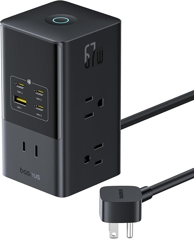Baseus Charging Station 67W, 10-in-1 USB-C PD Fast Charging Desktop Charger with 1200J Surge Protection, 5ft Extension Cord, 6 AC, 3 USBC, 1 USBA Ports for iPhone 16/15, MacBook, Tablet, Desktop