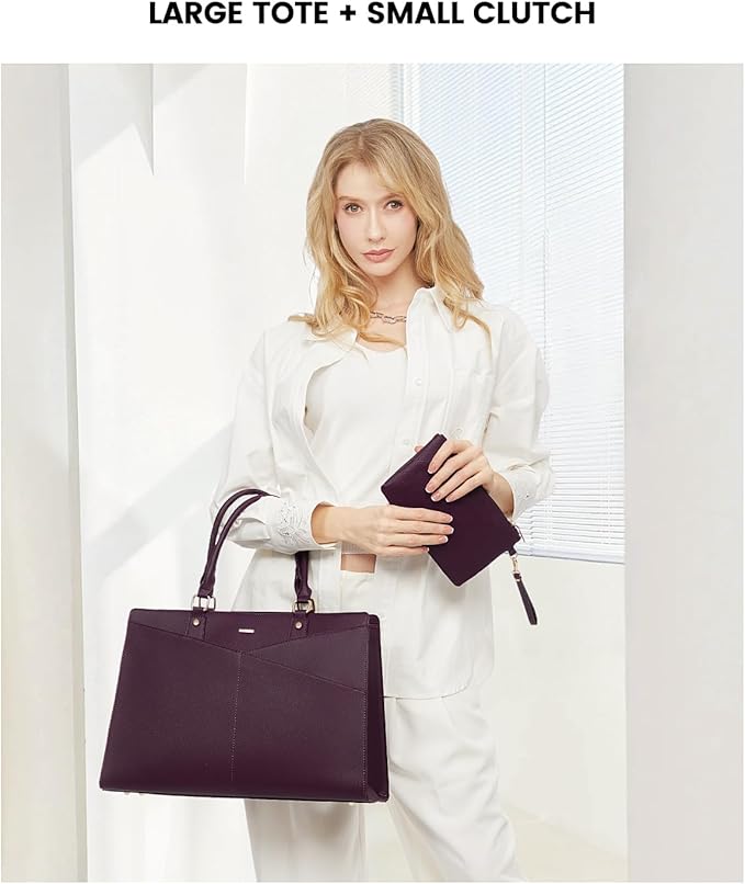 LOVEVOOK Laptop Tote Bag for Women, Leather Business Office Work Bag Computer Briefcase with Small Clutch fit for 15.6 Inch Laptop Purple