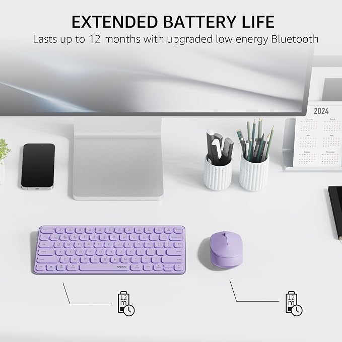 Rapoo Multi-Device Keyboard and Mouse Combo, 2.4GHz/Bluetooth 5.0/4.0 Wireless Keyboard & Mouse Set for Windows/Mac/Linux/Chrome, Support 4 Devices, Low-Profile Silent Click, Battery Powered, Purple