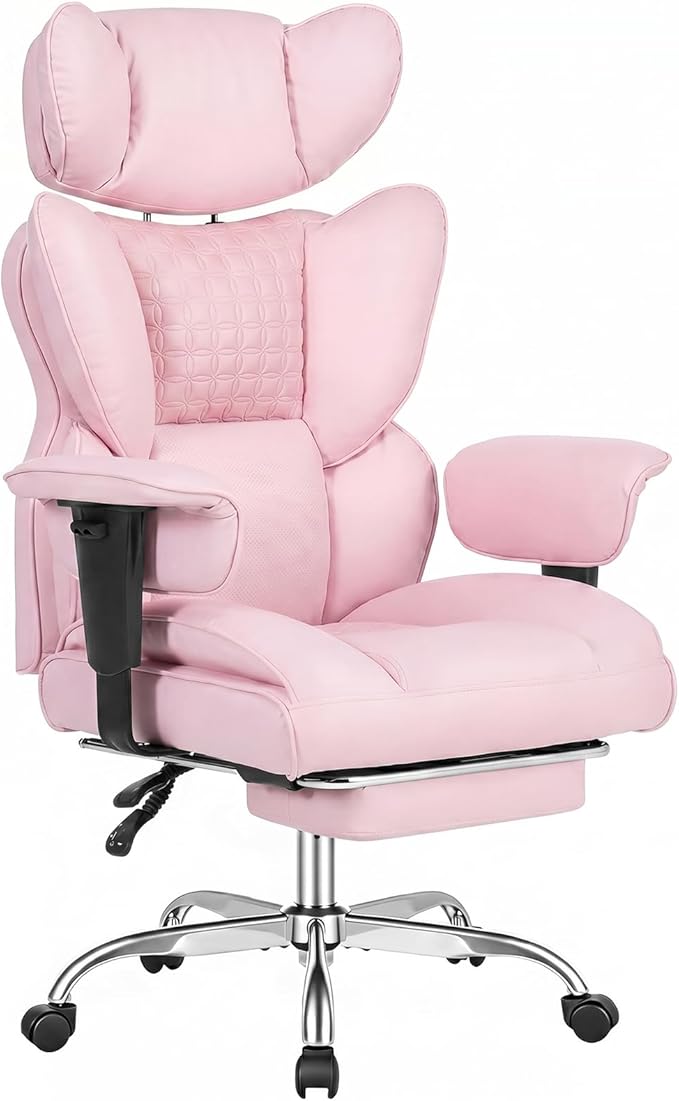 DUMOS Big and Tall Home Office Desk Chair, Gaming Computer Chair, Executive Ergonomic Chair with Footrest, High Back Reclining, Adjustable Armrests and Comfy Lumbar Support, PU Leather, Pink