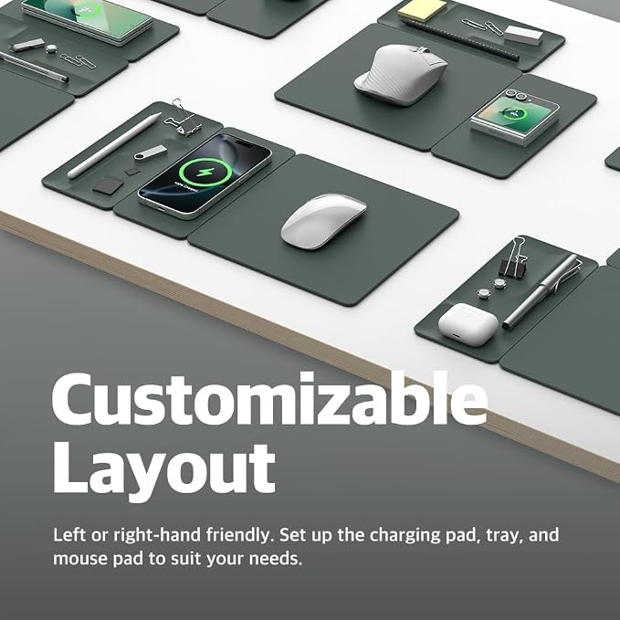 POUT H3 Split Max 3-in-1 Wireless Charging Mouse Pad – Fast Qi Charger, Mousepad Mat, and Magnetic Tray Organizer – Compatible with Smartphones and Earbuds (Deep Green)