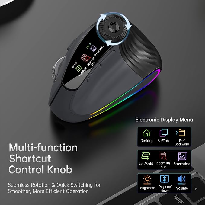 Ergonomic Wireless Mouse, Bluetooth Vertical Silent Mouse with LED Screen and Knob Control, Rechargeable, 4800 DPI, Hyper-Fast Scrolling, 3 Multi-Device Connections, for PC and Mac Systems