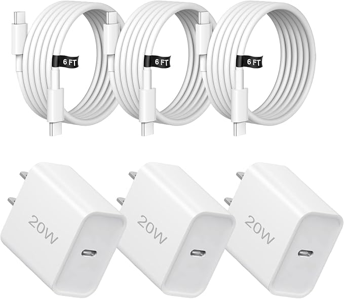 20W Fast Charger,3 Pack USB-C Port Charger with Type c-c Cable，for i Phone 17/16/15, i Pad and More (3 Pack White)