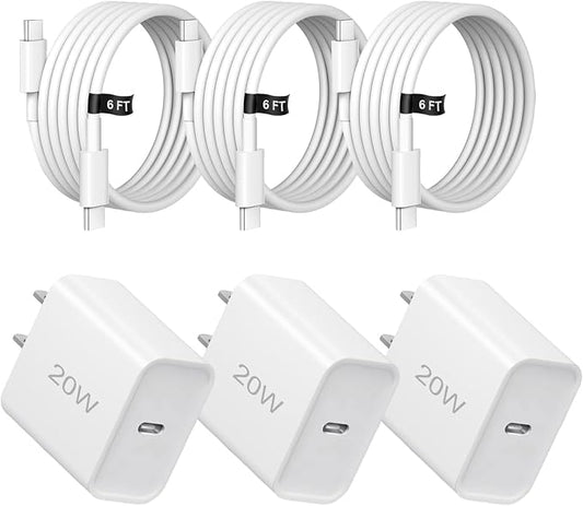 20W Fast Charger,3 Pack USB-C Port Charger with Type c-c Cable，for i Phone 17/16/15, i Pad and More (3 Pack White)