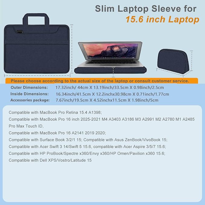 Hseok Laptop Shoulder Bag 15.6-16 inch Case,Water-Resistant Shockproof Computer Handbag with Small Case Compatible with MacBook Pro/Neo 16",Mac Air 15 M5, XPS 15/16 and most 15.6-16 PC,Blue