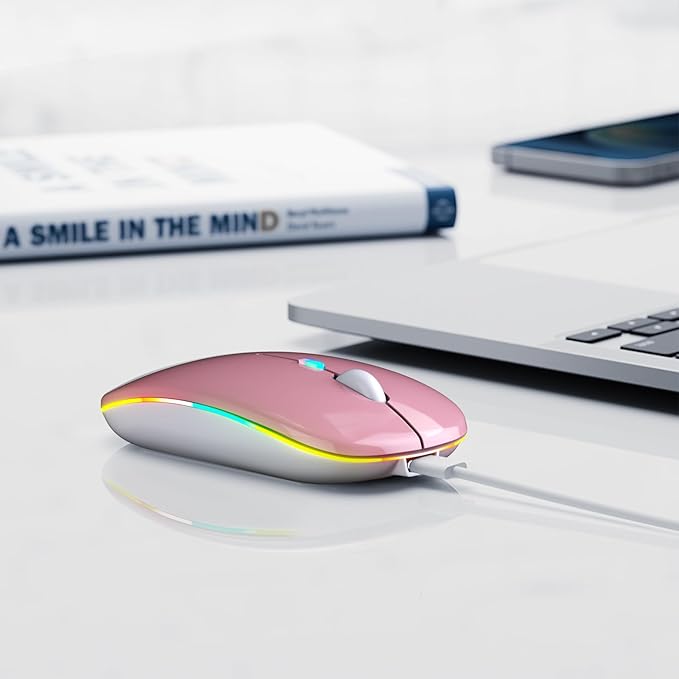 Wireless Bluetooth Mouse, Rechargeable, LED, Silent, Ultra-thin Design (Bluetooth 5.2 and 2.4GHz USB Receiver) | Portable Computer Mouse for Laptops, iPads, MacBooks and Apple Devices (Rose gold)