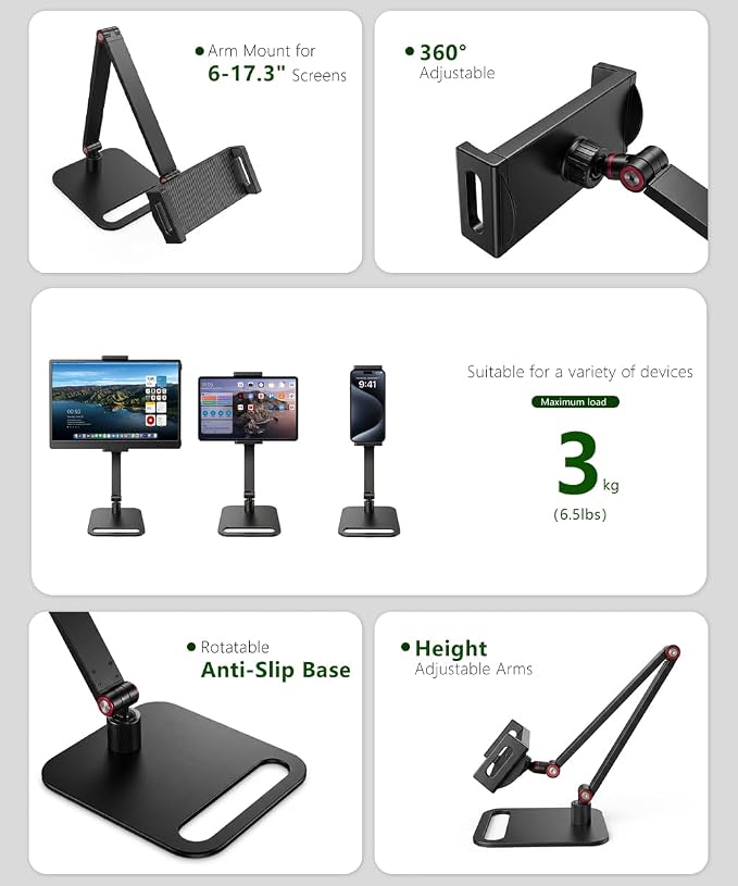 Portable Monitor Stand for Desk, Extra Tall Adjustable Tablet Holder (Max 45cm-17.7" Height), Aluminum 360° Swivel Arm Mount for 6-17.3" Screens, Fits 12.9 inch iPad Pro & Portable Displays