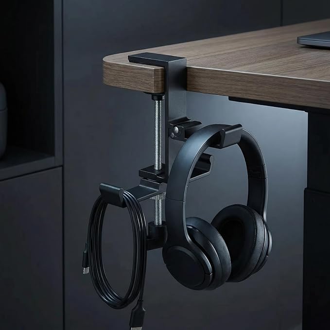 JAKO Headphone Stand for Desk, 3 Hooks Aluminum Alloy Headphone Holder (1 Foldable+2 Fixed) Space Saving Headset Stand Hook, Universal Fit PC Gaming Headsets Holder Desk Clamp for Office/Game Table