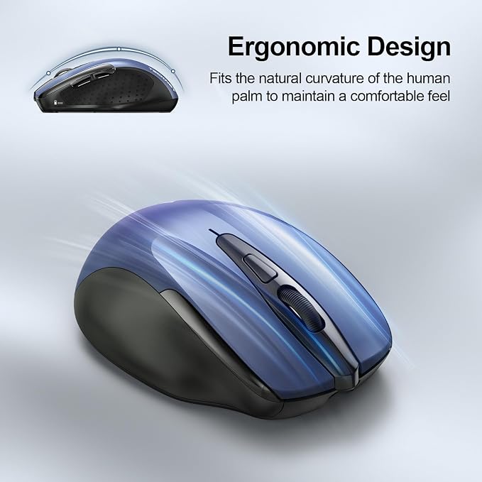 TECKNET Wireless Mouse Rechargeable, 2.4G USB-A Silent Mouse, Quiet Click, 6 Adjustable 4800 DPI, Cordless Computer Mice, Ergonomic Mice for Laptop, 6 Buttons for Chromebook, Ergo Grip - Blue