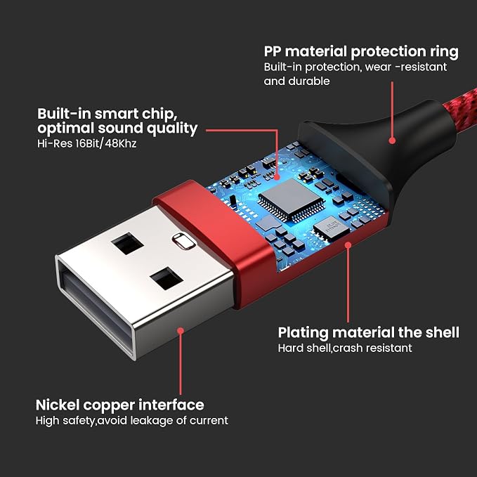 MOSWAG USB to 3.5mm Jack Audio Adapter, USB to Aux Cable with TRRS 4-Pole Mic-Supported Headphone AUX Adapter External Sound Card for Laptop PC PS4 PS5 and More (0.65Feet/20cm, Red)