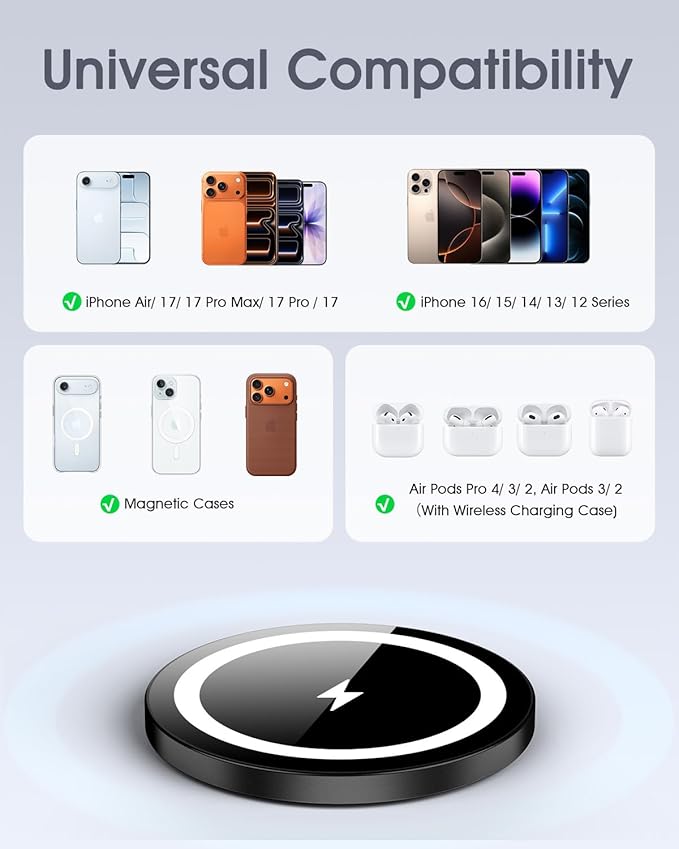 WRVVR for Apple Mag-Safe Charger 2 Pack, Magnetic Wireless Charger for iPhone 17/17 Pro/17 Pro Max/Air/16 15 14 13 12 Pro Max Plus mini,Charging Pad for Airpods Pro 3 2,Strong Magnet, Black