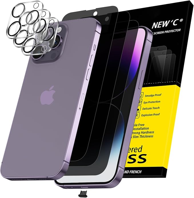 NEW'C 3x Privacy for iPhone 14 Pro Screen Protector (6.1 inches)+ 3x Camera Lens Protector, Sensor Protection,Case Friendly Tempered Glass Film + Dust Plug - Enhanced Privacy Angle of 28 Degrees