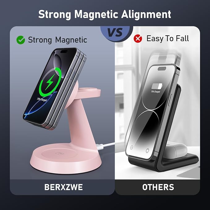 Charging Station 3 in 1 Wireless Charger for Apple Devices, 15W MagSafe Stand Compatible with iPhone 17 16 15 14 13 12 Pro Max Plus, Charging Dock for AirPods 4 3 2 & iWatch Series (Pink)