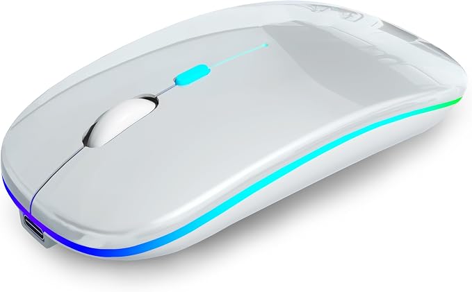 AIKOKOK Wireless Bluetooth Mouse, Rechargeable, Dual Mode Bluetooth 5.2 & 2.4G USB, LED Lights, Slim, Silent, Portable Computer Mouse for Laptop, PC, MacBook, iPad, Tablet (Silver)