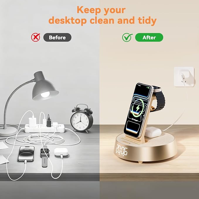 6 in 1 Wireless Charging Station with Alarm Clock, Bluetooth Speaker, FM Radio, Night Light for Bedroom Office, Wireless Charger Dock Station for iPhone 17 16 15 14 13 12 Pro Max,Apple Watch, AirPods