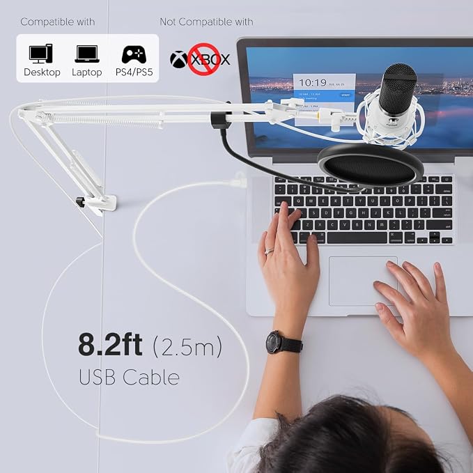 FIFINE USB Recording Microphone Kit, Studio Condenser Microphone for Vocals Music Creation, Voice-Over, Singing with Metal Boom Arm, 16mm Diaphragm, Podcast Mic Set-T669 White