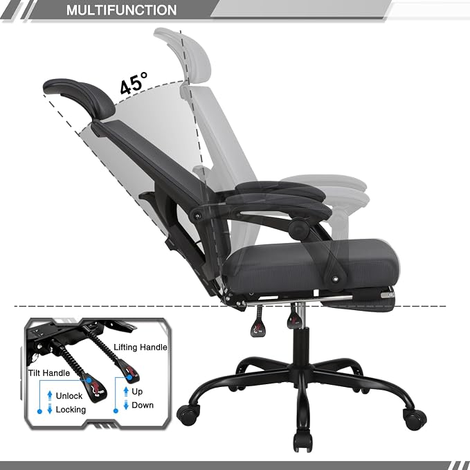 Qulomvs Mesh Ergonomic Office Chair with Footrest Home Office Desk Chair with Headrest and Backrest Adjustable Computer Executive Desk Chair with Wheels 360 Swivel Task Chair