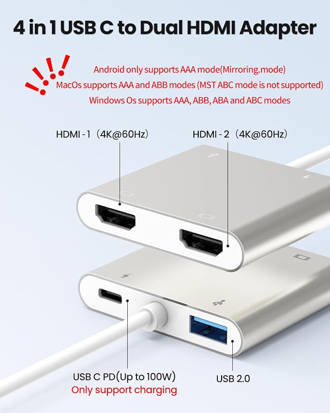 USB C to Dual HDTV Adapter,Silver 4K@60Hz with 100W PD, USB-A, Support C to 2 HD Splitter Extended Display for Type C Devices (MST is not Supported on MacOS)