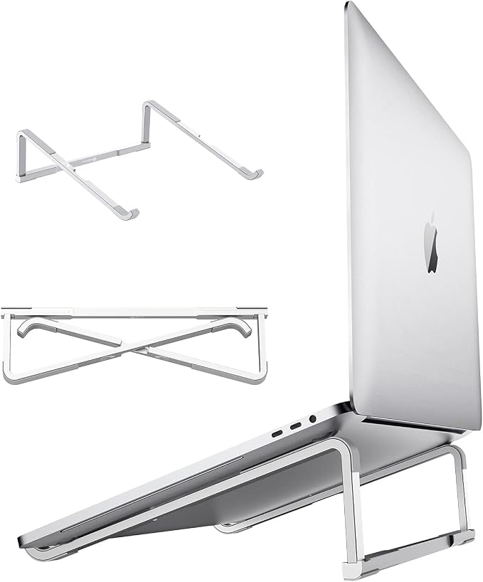 Laptop Stand for Desk - Foldable, Lightweight Aluminum Laptop Riser Holder, Portable Stand for 10-15.6” Laptops, Prevents Overheating with Non-Slip Rubbers, Travel-Friendly, Ergonomic Design