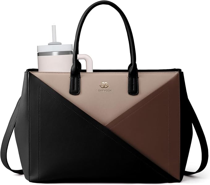 LOVEVOOK Laptop Tote Bag for Women with Large Cup Holder, 16 Inch PU Leather Work Bag Teacher Tote Bag, Waterproof Computer Bags Business Office Briefcase Handbag