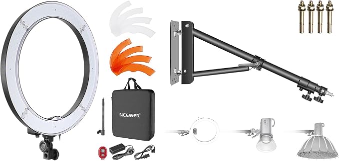 Neewer 18" Ring Light for Camera Phone, 55W Dimmable 5500K Light with 240 LEDs Color Filter Soft Tube Carrying Bag for YouTube TikTok Selfies Photography, Triangle Wall Mount Arm Included