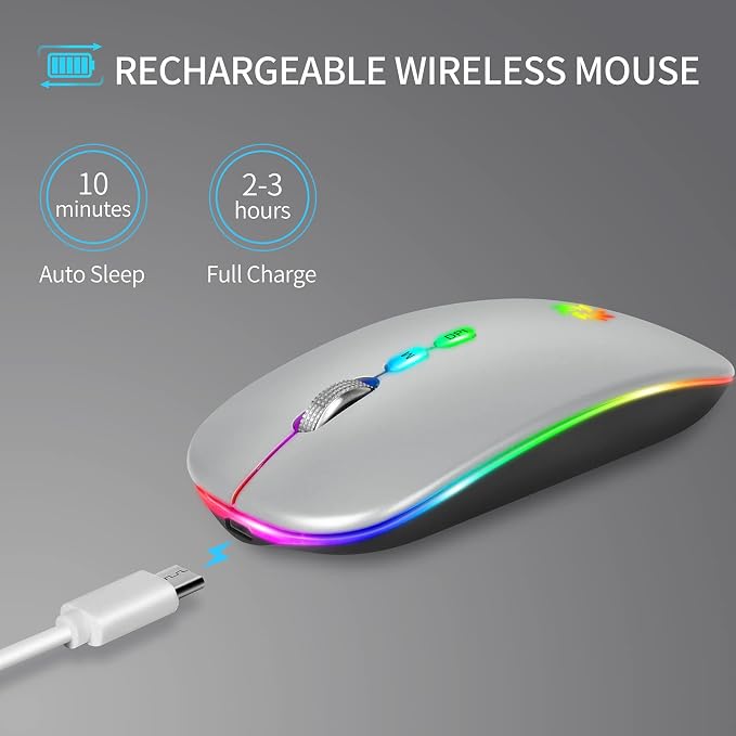 KBCASE Wireless Mouse, LED Wireless Mouse for Laptop, Slim Silent Mouse 2.4G Rechargeable Wireless Computer Mouse for Laptop, MacBook, iPad, Chromebook, with USB & Type-c Receiver
