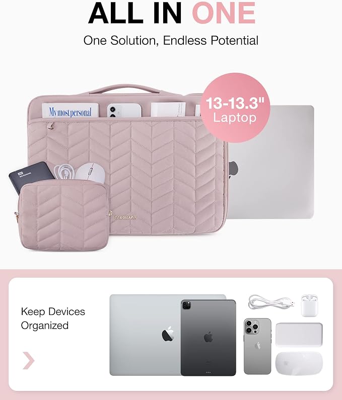 BAGSMART Laptop Case with Handle, Puffy Padded Laptop Bag Sleeve for Women, Portable MacBook Air/Pro Computer Case, 13-14 inch, Pink