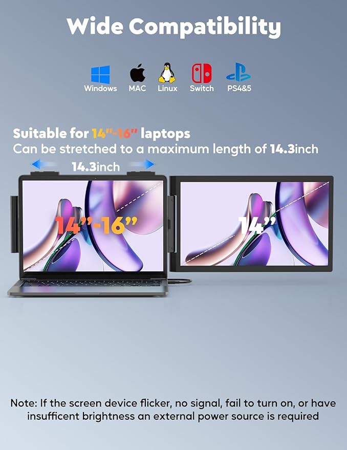 HONGO 14'' Laptop Screen Extender, FHD 1080P IPS Dual Display Portable Monitor for 14-16'' Laptops, USB-C/HDMI, Plug and Play for Windows, Mac, Android, Switch and PS5