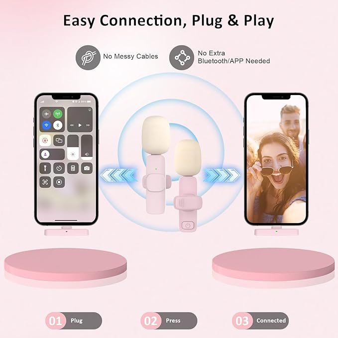 MAYBESTA Mini Wireless Lavalier Microphone for iPhone, iPad, Android - Bluetooth Lapel Phone Microphones for YouTube Video Recording - Clip on Lav Mic for Interview Podcast Vlog(Pink)