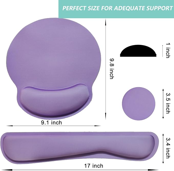 Keyboard Wrist Rest Pad Mouse Pad with Wrist Support Set of 3, Mousepad with Non-Slip Rubber Base, Ergonomic Memory Foam Mouse Wrist Cushion Support for Home Office Laptop Computer Gaming, Purple