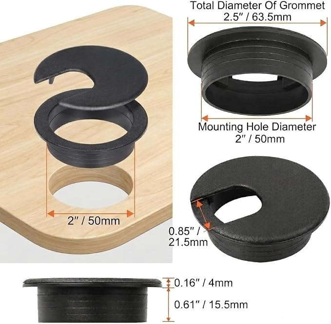 2 Inch Desk Grommet (50mm) - 5 Pack Black Plastic Cable Management Kit, Wire Covers for Cords Pass Through Computer Table, Office Desk Hole Cover for TV Stand & Workstation