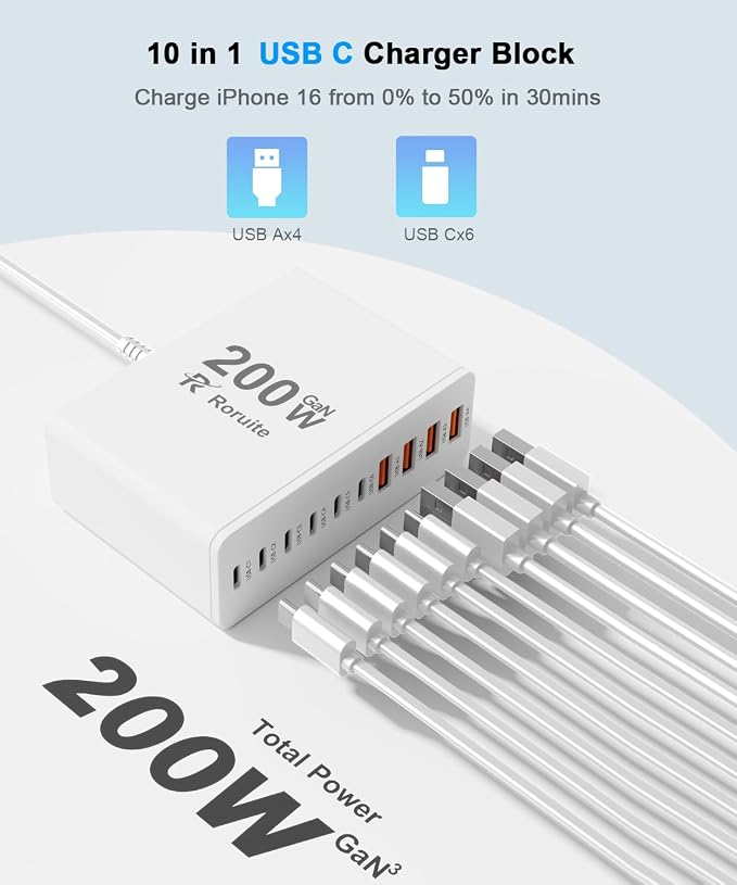 USB C Charging Station 10 Port with 4 Cables,200W GaN Type C Charger Block,Wall Charger Power Strip Adapter Plug for iPad iPhone17 16 15 14 13 12 Pro Max Pixel Note Galaxy