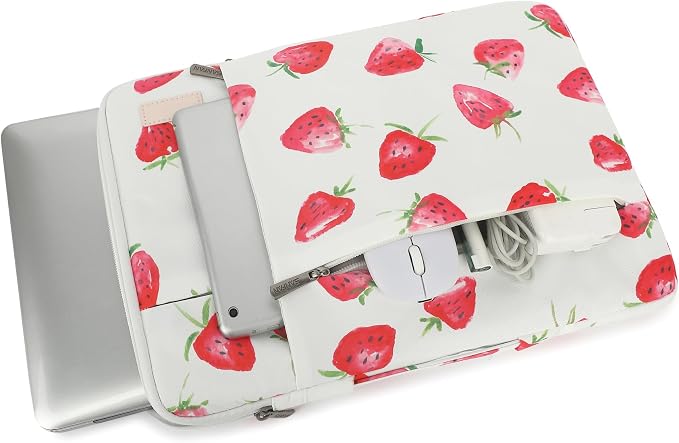 360° Protective Laptop Sleeve Case Bag with 3 Pockets,Handle and Luggage Strap for MacBook Air 13 inch,13.3 inch HP Dell Lenovo Notebook (Strawberry)