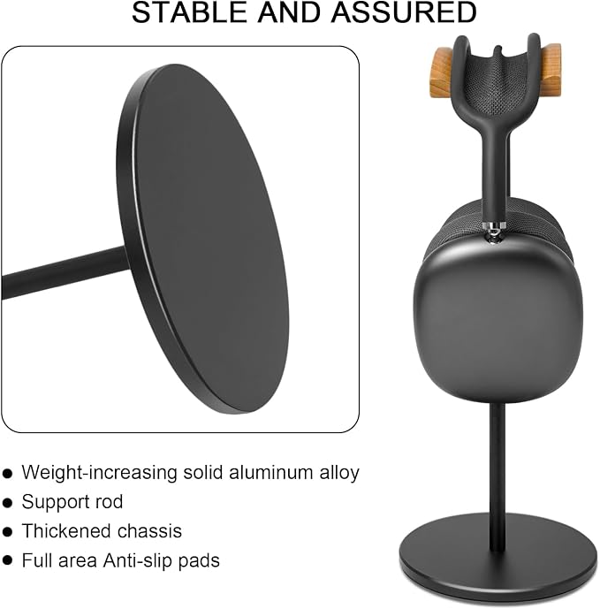 Headphone Stand for Desk - Gaming Headset Stand with Wooden Support Plate, Headset Holder with Aluminum Alloy Support Rod