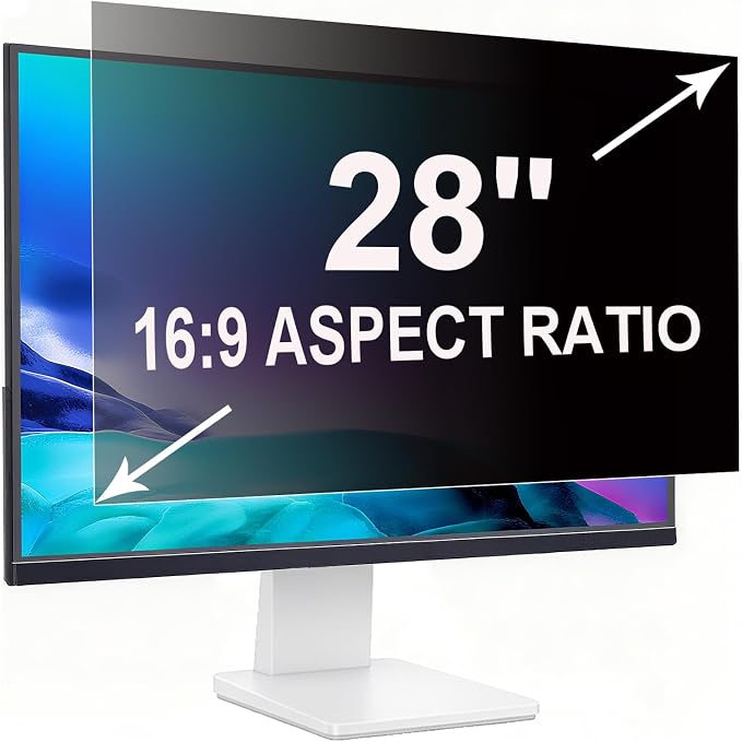 Privacy Screen for 28 Inch 16:9 (62.1x34.2cm) Computer Monitor - Blue Light Filter & Anti-Glare, Removable Screen Privacy Shield | PC Protector Film for Flat and Curved Screens