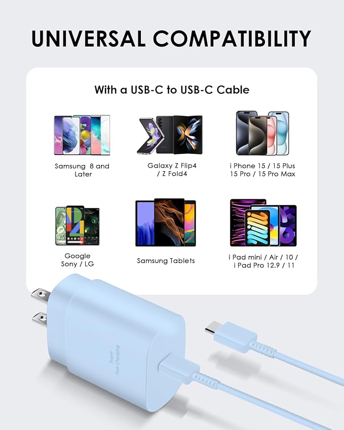 AISNI USB C Charger, 2 Pack 25W Type C Charger Fast Charging with USBC Chargers Cable 6 FT Android Phone Charge for Galaxy S25/ /S24/S23+/S22/S21/S20/Phone 17 16 15 Pro Max 16 15 Plus-Blue