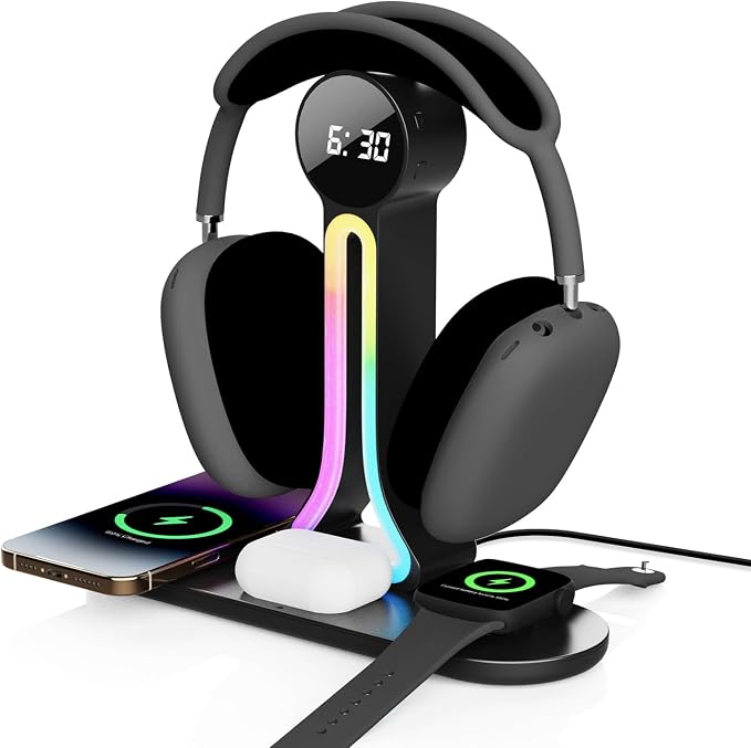 Transform Your Desk – 3-in-1 Wireless Charging Station with Headphone Stand, Dual USB Ports, 15W Fast Charger for Phone/A-irPods/A-pple Watch, RGB Light, LED Alarm Clock – Charge 5 Devices at Once