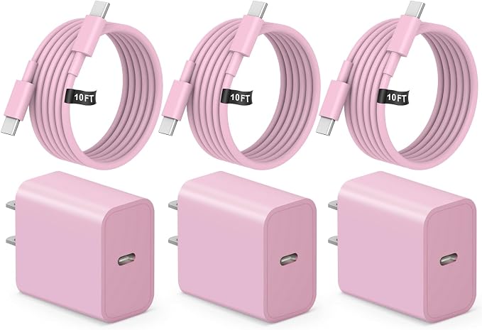 iPhone 17 16 15 Fast Charging 10FT Long USB C Charger Type C Charger 3 Pack Fast Charger USB C for iPhone 17/17 Plus/17 Pro/17 Pro Max/16/16 Plus/16 Pro/16 Pro Max/15/15 Pro Max,iPad Pro,Samsung(Pink)