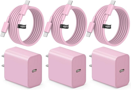 iPhone 17 16 15 Fast Charging 10FT Long USB C Charger Type C Charger 3 Pack Fast Charger USB C for iPhone 17/17 Plus/17 Pro/17 Pro Max/16/16 Plus/16 Pro/16 Pro Max/15/15 Pro Max,iPad Pro,Samsung(Pink)
