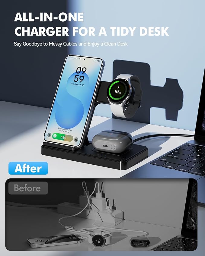 3-in-1 Foldable Wireless Charger for Samsung: 15W Qi Charging Station for Samsung S26/S25/S24/S23/S22/S21, Note 20/10, Z Fold 6/5, Galaxy Buds 4/3/2 Pro and Galaxy Watch-Android Charging Stand