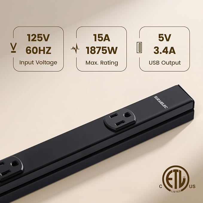 SURAIELEC Hardwired Under Cabinet Power Strip 2-Pack, 39.4in, 6 Tamper Resistant Outlets with USB-A & USB-C, Customizable Length, Seamless Under Cabinet Outlet for Kitchen, Workshop, ETL Listed, Black