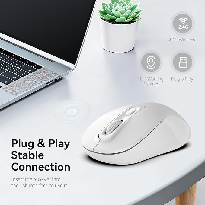 Wireless Mouse, 2026 New Model, Silent Click Ergonomic Design, Portable, 4 Buttons, Adjustable DPI (800/1200/1600), for Laptop/PC/Office (White)