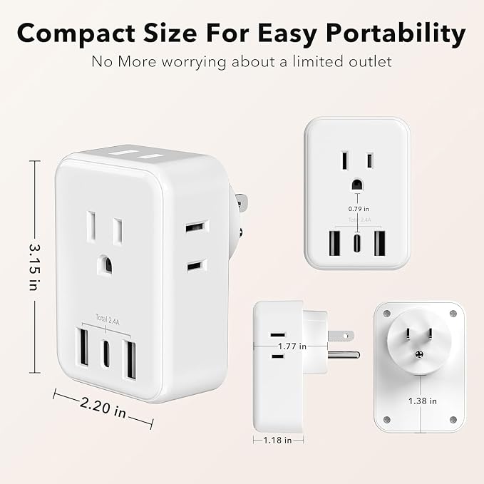BN-LINK Multi Plug Outlet Extender 2 Pack, Outlet Splitter with 4 Outlet and 3 USB Ports (1 USB C), 4-Sided Multiple Plug Expander for Travel Kitchen Dorm Room Cruise Ship Essentials, White