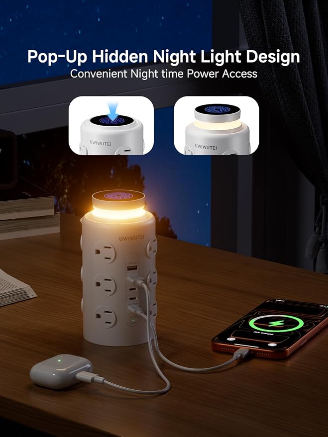 Tower Power Strip Surge Protector with Wireless Charging & Night Light - PD20W Fast Charging Station,12 Outlets, 5 USB (3 USB-C),1800J Protection, 10FT Extension Cord, Home Office Essentials(White)