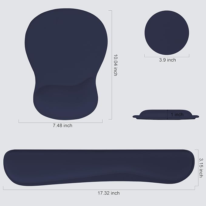 RICHEN Wrist Rest Support for Mouse Pad&Keyboard Set with Coaster,Concave Curved Memory Foam, Non-Slip Base Pain Relief Comfortable Easy Typing Pad for Home/Office (Navy Blue)