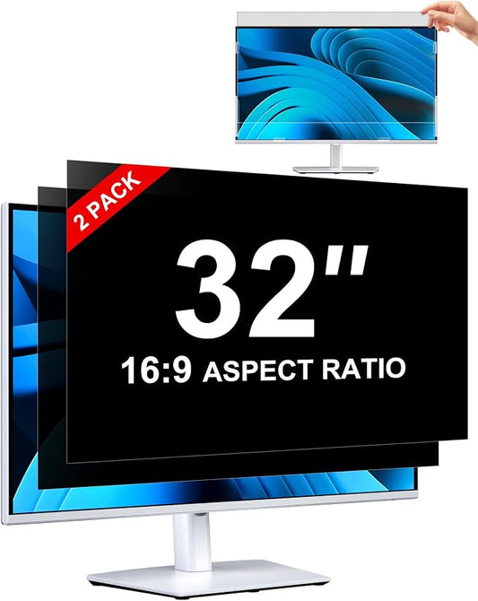 [2-Pack] Privacy Screen For Computer Monitor, 32-Inch 16:9 Aspect Ratio; Anti Spy/Bule Light/Glare And Eye Protection, 2 Install Ways Removable For Office, Airport, Cafe And Other Public Area; Diagonal 32 Inches, Width 27.89 Inches, Height 15.69 Inches