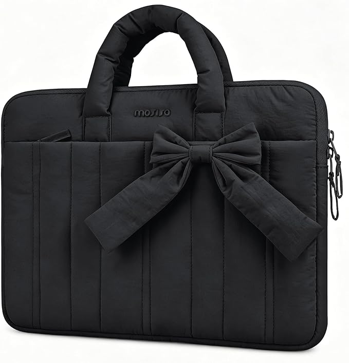 MOSISO Laptop Case 13.3 inch, 13-13.3 inch Puffy Laptop Sleeve Compatible with MacBook Neo/Air 13.6 M5 M4 M3 M2 M1/Pro 13/14, HP Dell ASUS Lenovo, Rectangle Quilted Carrying Bag with Bow&Handle, Black