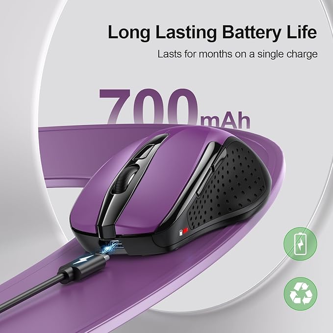 TECKNET Wireless Mouse Rechargeable, 2.4G USB-A Silent Mouse, Quiet Click, 6 Adjustable 4800 DPI, Cordless Computer Mice, Ergonomic Mice for Laptop, 6 Buttons for Chromebook, Ergo Grip - Purple